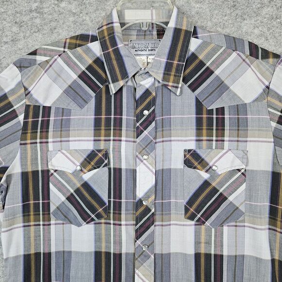 American Hero Brown & Gray Plaid Pearl Snap Size Large Long Sleeve Western Shirt - Picture 2 of 16